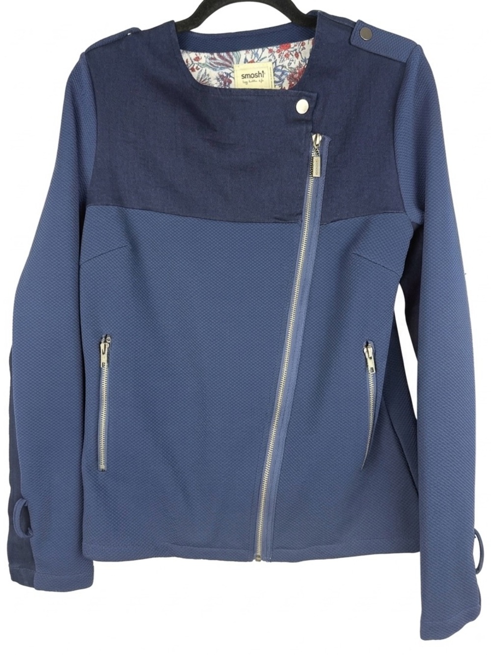 Smash! Barcelona Navy Textured Asymmetrical Zip Moto Jacket Floral Inner Trim